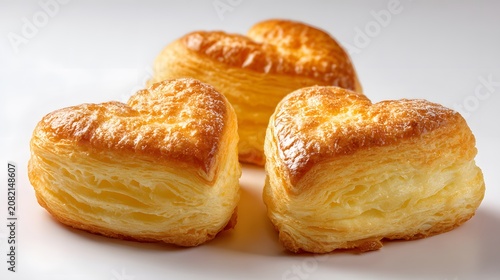 Three golden heart-shaped pastries with flaky layers on a white surface.