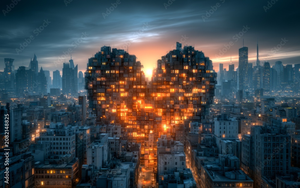Fototapeta premium 3D Render of a Valentine's Day City Skyline at Night with Heart Shape