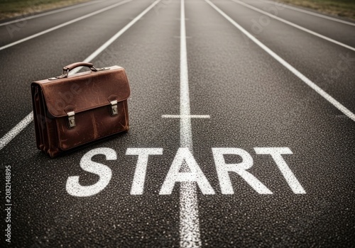 Leather Briefcase at START Line on Running Track, Symbolizing Business Journey and New Opportunities