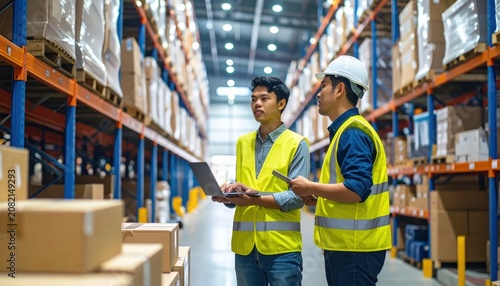 Logistics workers using laptop in large distribution warehouse aisle.