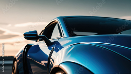 A low-angle close-up of a metallic blue sports car front fender with glossy sunset reflections. premium vehicle exterior, automotive design, luxury styling.