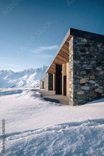 Winter cabin sits on snow-covered ground with mountains in the background during sunny weather and clear blue sky, offering a view of nature and winter landscape