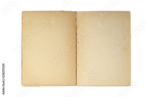 Antique open book with blank aged pages isolated on white background. Empty weathered paper texture with stains, creases and retro design elements.