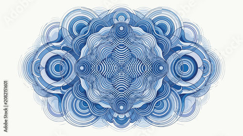 Abstract Blue Guilloche Pattern with Intricate Symmetrical Line Art Circles and Wavy Decorative Geometric Shapes