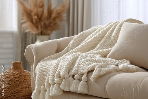 A plush, cozy blanket is gracefully draped over the arm of a sofa in a welcoming and bright living room, filled with vibrant plants and charming decor elements.