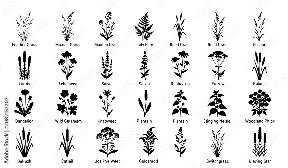 Obraz premium CAD Wild Plant Silhouette Vector Collection with Meadow Grass Fern Dandelion Reed and Botanical Landscape Elements Isolated on White