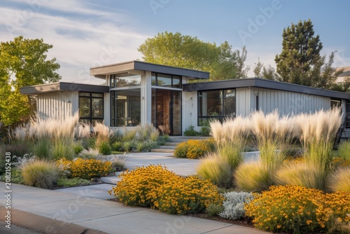 A contemporary house surrounded by beautifully designed landscaping in a vibrant, sunlit atmosphere, featuring colorful plants and blooming flowers at the entrance