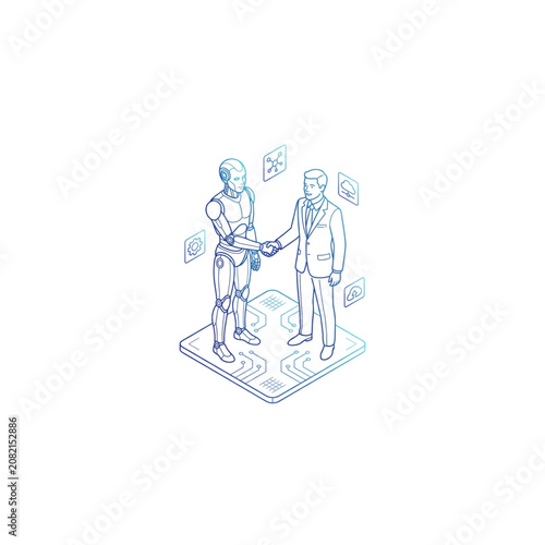 Robot and Businessman Shaking Hands on Digital Platform with Icons Featuring Handshake, Technology, Futuristic with Innovation