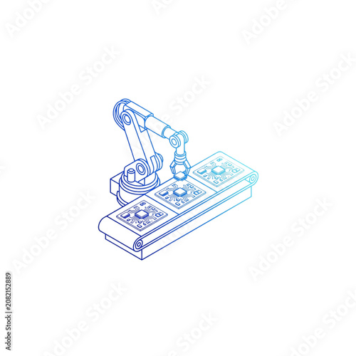 Robot Arm Icon with Blue Outline and Circuit Control Panel, Isometric 3d Style for Automation Technology Concept