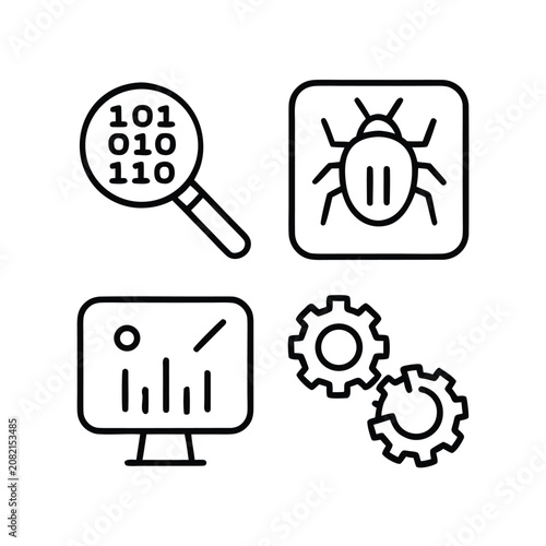 Cyber threat hunting and IT incident response linear icon set