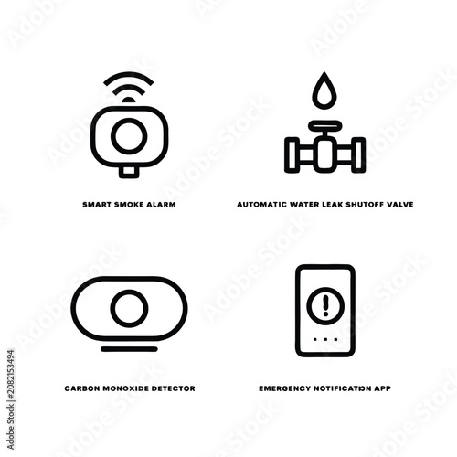 Smart home safety smoke alarm and water leak defense line icon set