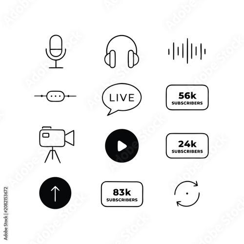 Digital creator and podcast audio production linear icon set