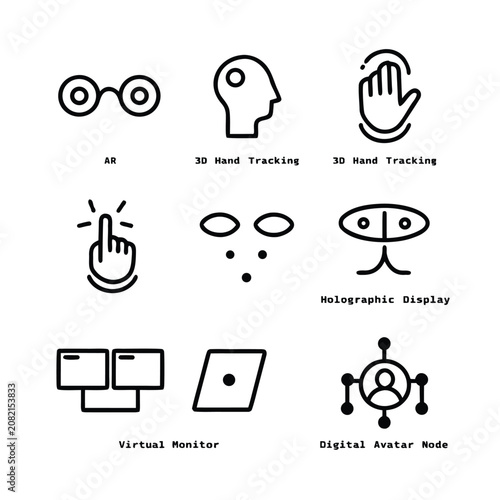 Spatial computing and virtual reality workplace line icon set vector