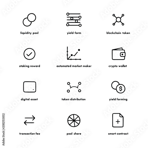 Decentralized finance DeFi and crypto staking linear icon set