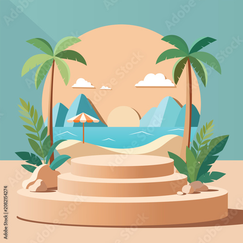 Tropical Beach Podium Background with coconut Trees Flat Design
