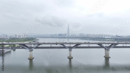 Aerial Drone View of Han River Landscape and Cityscape near Jayang Station in Seoul, South Korea