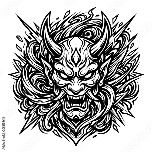 Tribal Tattoo Pattern with Abstract Floral Ornament and Skull Vector Illustration Vintage Black Biker Emblem Design Seamless Decorative Art Symbol Logo for Motorcycle Racing
