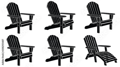 Six black Adirondack chairs arranged in two rows on a plain surface