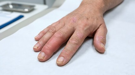 Clinical photograph of hand showing signs of psoriatic arthritis with swollen finger.