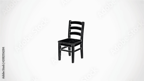 An illustration of a minimalist black chair with simple lines and a plain seat sits alone in a white empty room interior