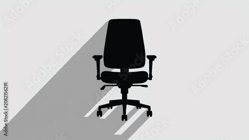 An office chair sits alone in a room with a long shadow cast.
