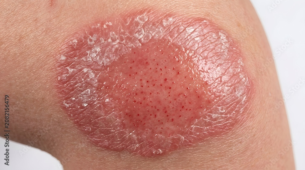 Fototapeta premium Psoriasis plaque on skin closeup, red, flaky, and irritated skin surface, dermatology condition.