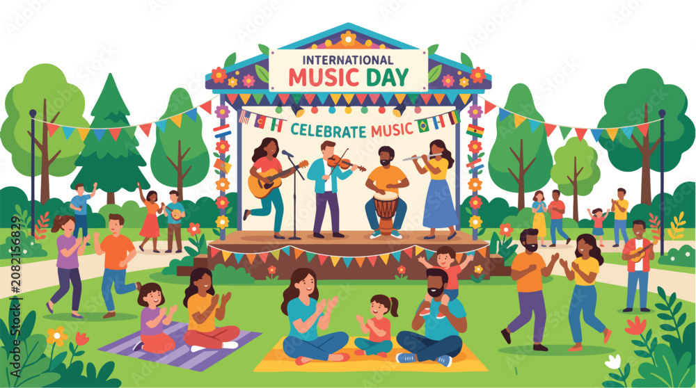 Fototapeta premium Celebrate International Music Day with a vibrant live performance featuring diverse musical instruments and promoting