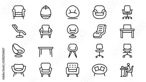 An illustration of various office chairs and furniture are arranged
