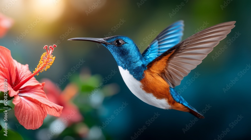 Fototapeta premium Vibrant Hummingbird Hovering Near Tropical Flower in Nature Scene