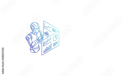 Robot Holding Money and Analyzing Financial Charts on Display, Technology Concept with Copy Space Background Illustration