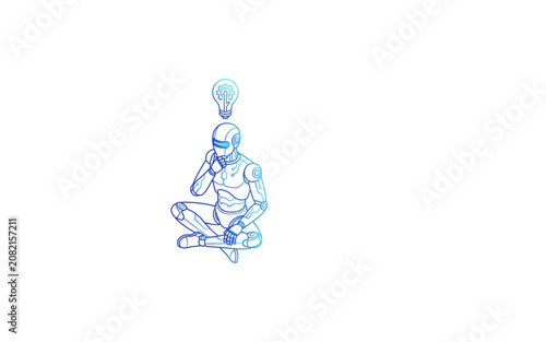Robot Sitting with a Light Bulb Above Its Head in a Thinking Pose Featuring Idea, Concept, Innovation with Creativity