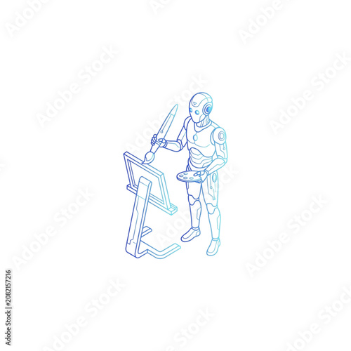 Robot Humanoid Figure with Futuristic Tablet in Hand, Clean Blue Line Art Design for Technology Concept