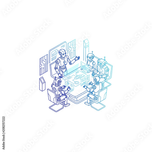 Robot Laboratory Isometric Icon with Circuit Lines, Lab Instruments, and Scientist Robots Working on Futuristic Experiments