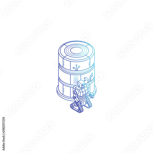 Robot Standing Next to a Cylindrical Structure with a Circular Top in a Futuristic Setting Featuring Technology, Science