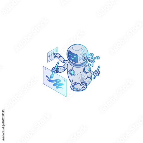 Robot Painting on a Digital Canvas with Floating Screens and Tools Featuring Futuristic, Technology, Creative with Illustration