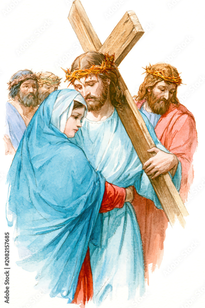 Obraz premium Jesus carrying a cross as Mary supports him wearing a blue veil. Three men with crowns of thorns are behind them