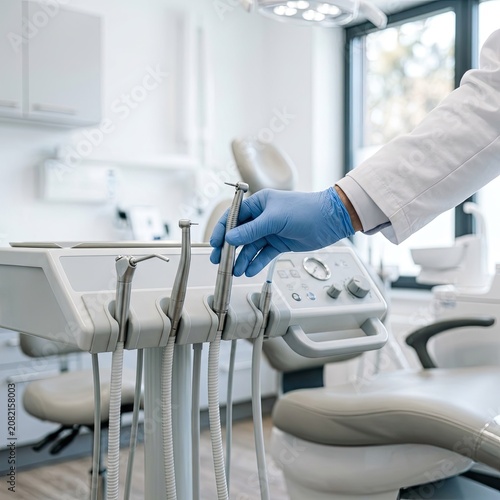 Dentist picking up a dental drill in a modern clinic with professional style