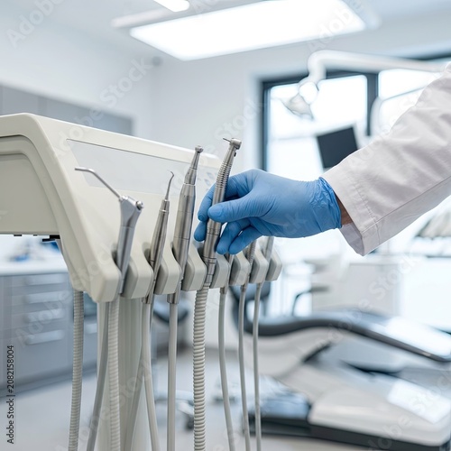 Dentist picking up a dental drill in a modern clinic with professional tools