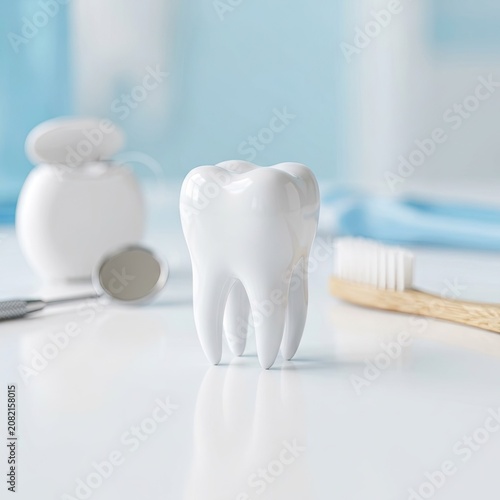 White tooth model with dental hygiene tools on a bright clinical background
