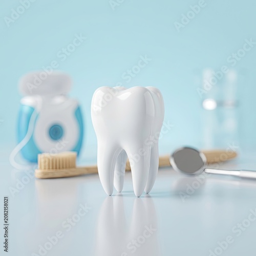 White Tooth Model with Dental Care Tools on a Clean Blue Background Studio Shot
