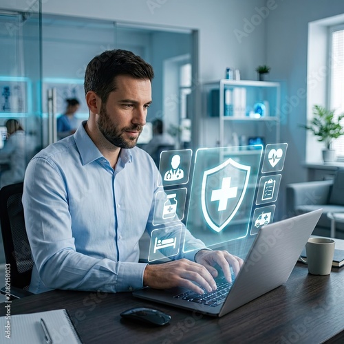 Professional man using a laptop with digital healthcare interface in office