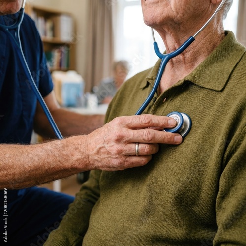 Doctor using a stethoscope to examine the heart of an elderly patient in a clinic setting with a professional and caring atmosphere