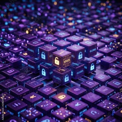 Digital Data Security Concept Featuring Glowing Cyber Security Padlock Icons in a Futuristic Network Grid Environment