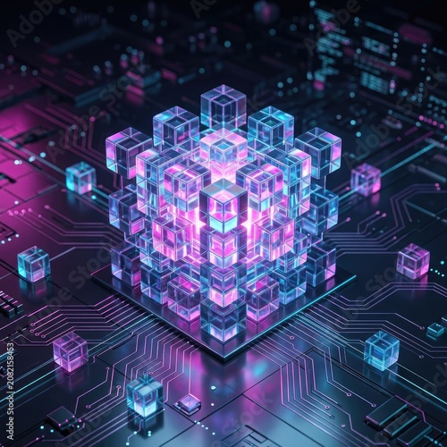 Glowing Digital Cube Processing Data on a Futuristic Circuit Board Background