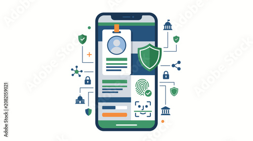 Public service portal concept illustration with digital ID, mobile biometrics, and secure network database