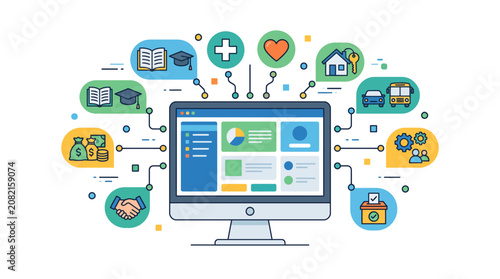 Seamless digital ecosystem providing integrated access to education, finance, health, housing, and transport services via a central online platform