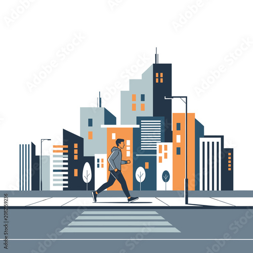 A young man jogging on the sidewalk in front of a modern city skyline.