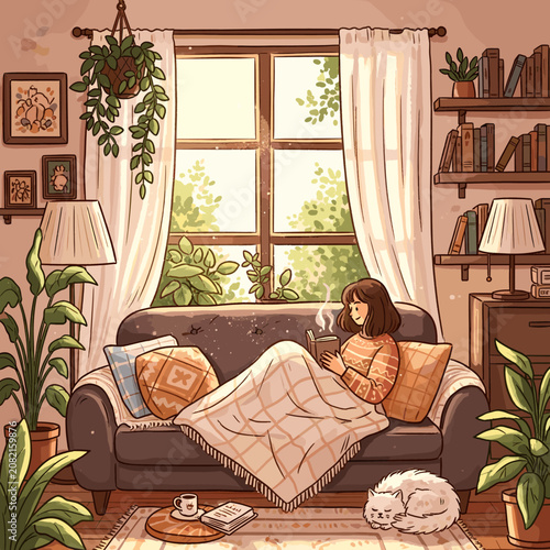 A cozy illustration of a woman relaxing on a sofa with a warm drink and a cat.