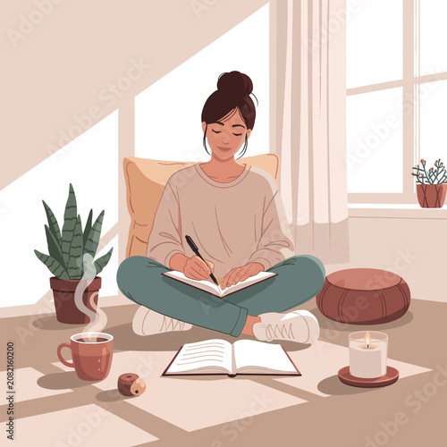 Young woman sitting on the floor writing in a notebook in a cozy sunlit room.