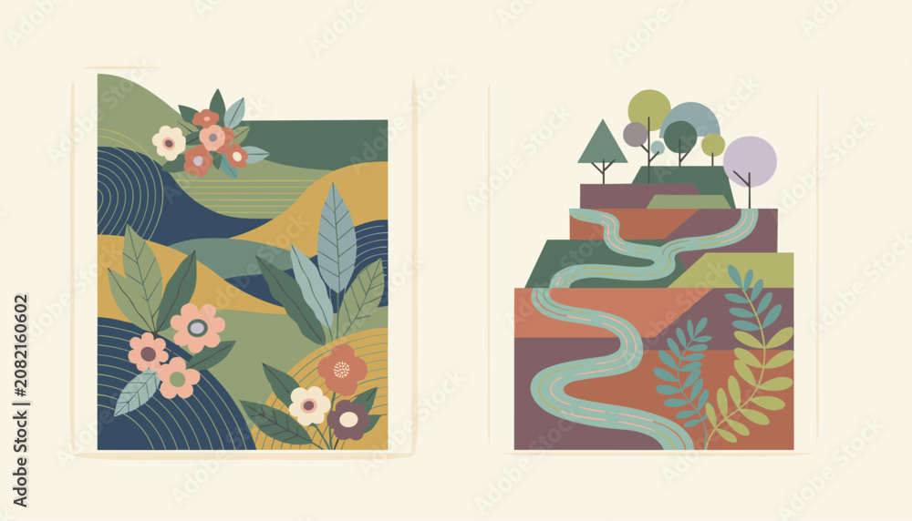 Fototapeta premium Pair of beautiful artistic landscape prints featuring stylized mountains, colorful flowers, trees, and winding rivers.